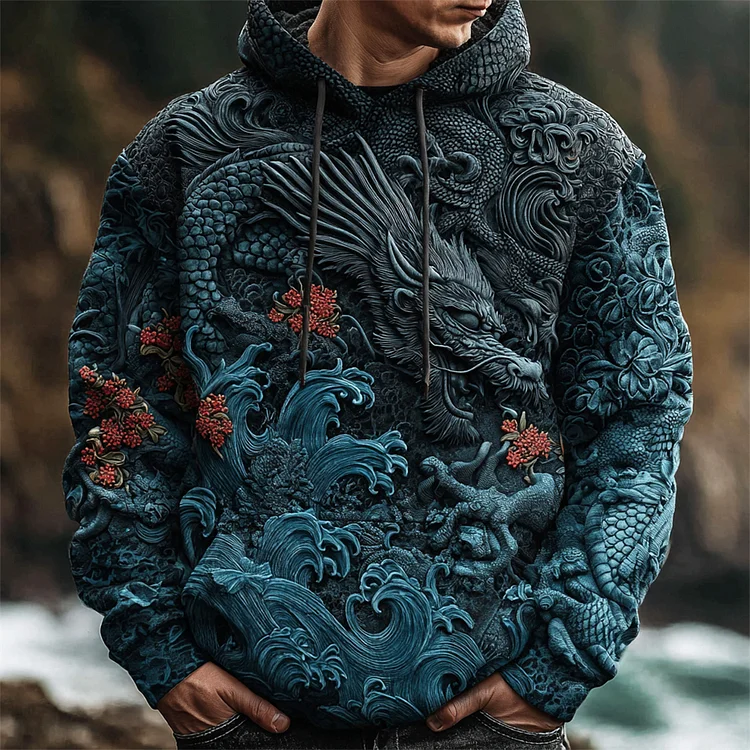 Japanese Wave & Dragon Embossed Art Men's Hooded Sweatshirt