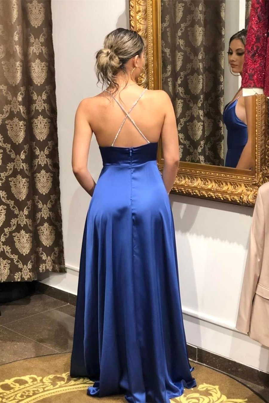 Daisda Long Royal Blue Split Prom Dress Spaghetti Straps 9587