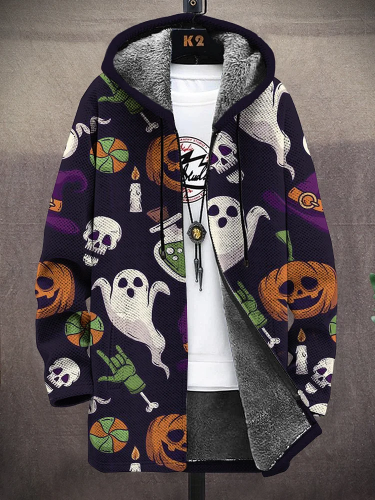 Men's Halloween Pumpkin Ghost Ball Witch Hat Print Fleece Lined Hooded Trench Coat