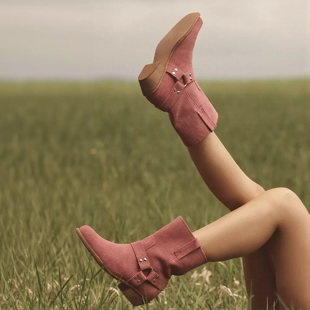 Cute Pink Vegan Suede Studded Ring Square Toe Ankle Boots Women