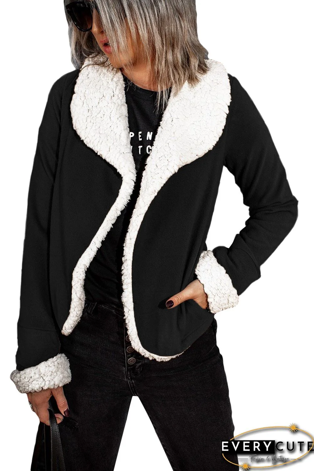 Black Lapel Collar Fleece Open Front Coat