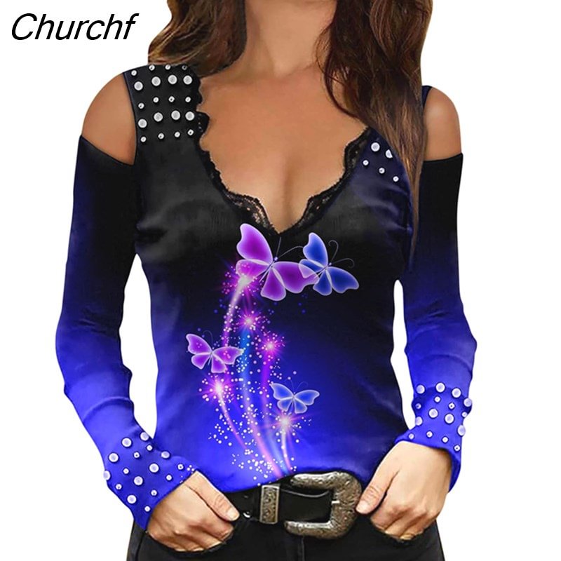 Churchf New Vintage Ethnic Long Sleeve T-shirts Women Sexy V-neck Off Shoulder Tops Elegant Aztec Pattern Tee Shirt Streetwear Tops