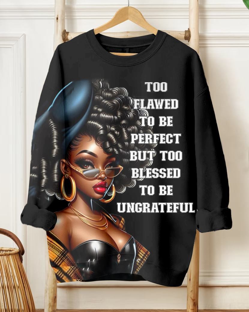 Too Flawed To Be Perfect But Too Letter Cartoon Print Long Sleeve Sweatshirt