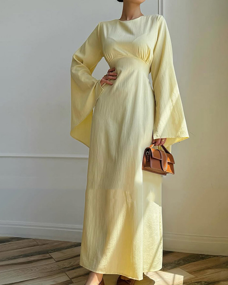 Split Flared Sleeve Round Neck Solid Color Maxi Dress