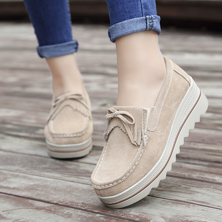 Women's Platform Shoes Suede Cow Leather Slip On Loafers -loafers