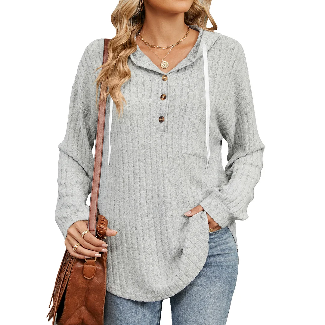 Brownm Autumn And Winter New Hooded Draw Rope Button Hole Strip Long Sleeve Hoodie Top