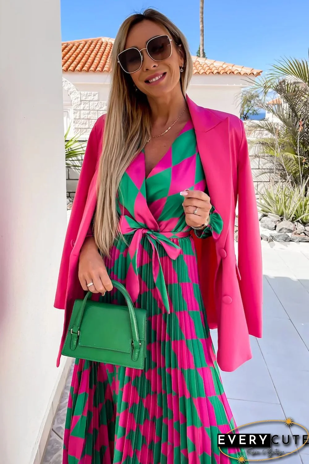 Multicolor Rhombus Contrast Color Block Belted Maxi Dress