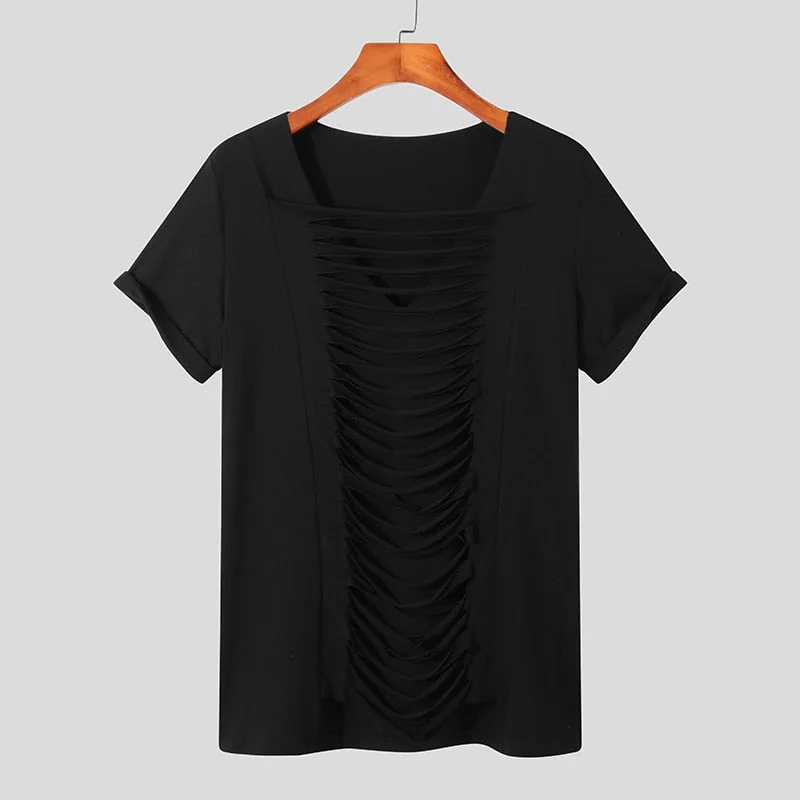 Men T Shirt Tassel V Neck Short Sleeve Fitness Solid Color Casual Men Clothing Streetwear Summer Fashion Camisetas