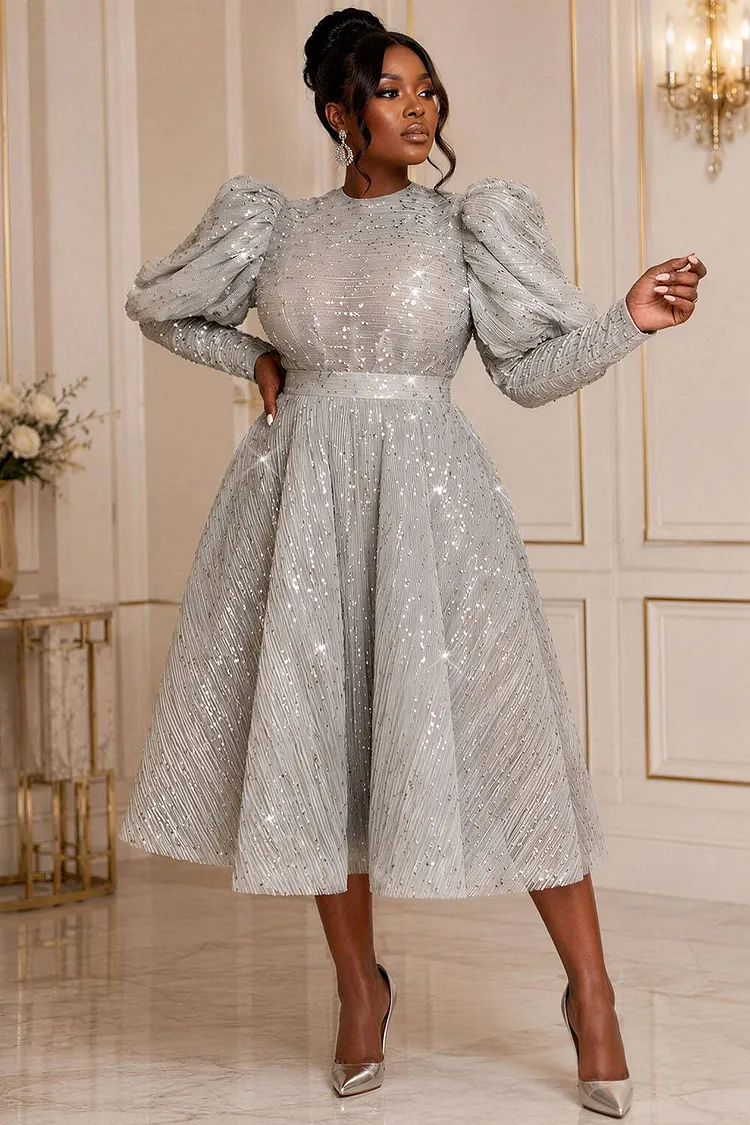Xpluswear Design Plus Size Cocktail Party Silver Round Neck Puff Sleeve Long Sleeve Sequin Midi Dresses [Pre-Order] 2024 - Xpluswear