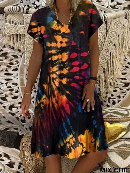 Loose Tie Dyed Printed Women's V-Neck Short Sleeved Dress