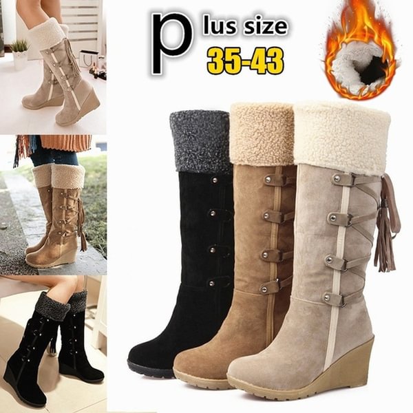 Winter Women's Fashion Snow Boots Outdoor Fur Warm Boots Casual Wedge Long Boots Ladies Knee High Boots Plus Size 35-43 - Shop Trendy Women's Fashion | TeeYours