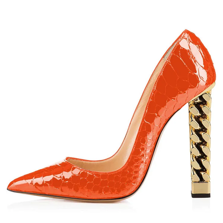 Orange Snake Skin Golden Chain Style Sculptural Heels Pumps |FSJ Shoes