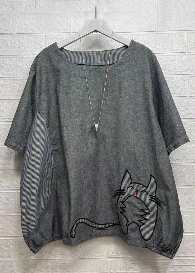 Plus Size Dark Grey O-Neck Embroideried Patchwork T Shirt Tops Summer