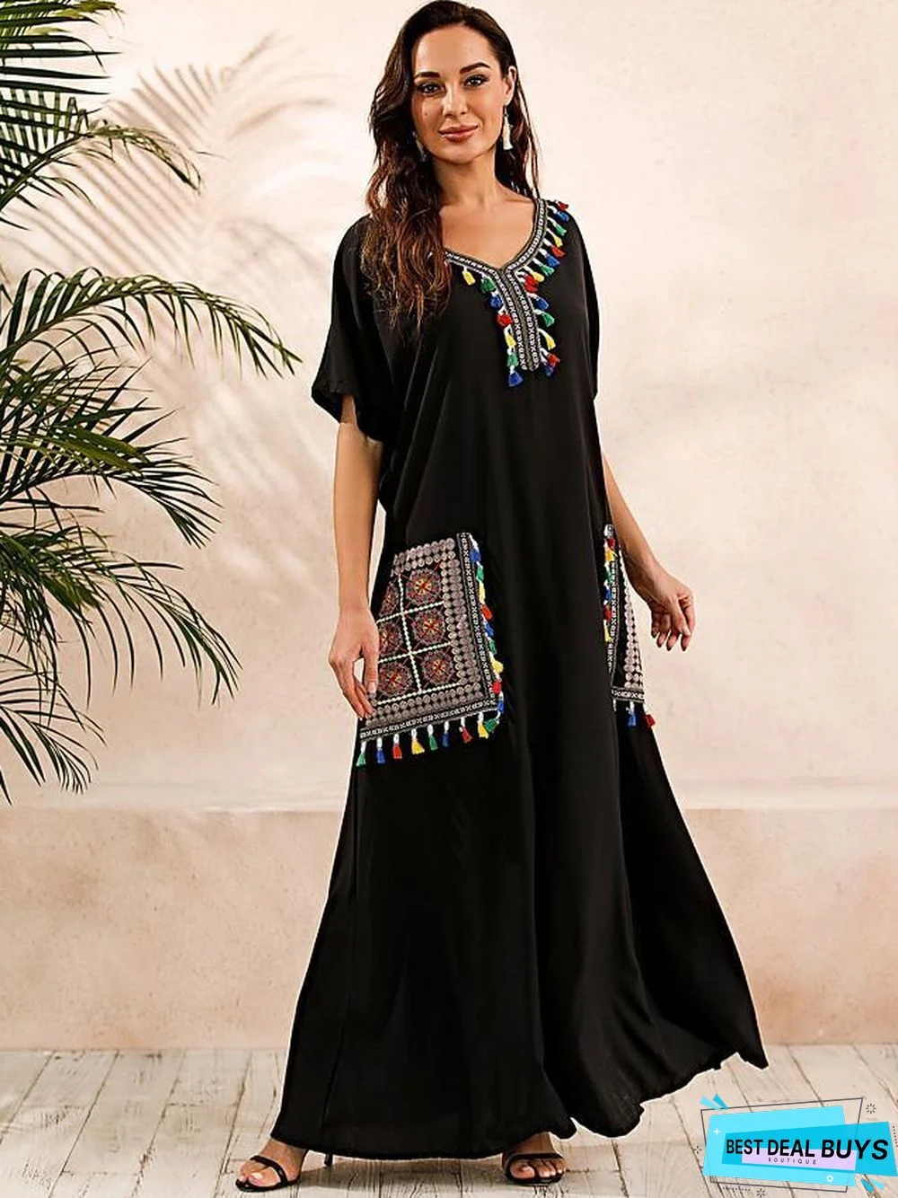 Women's Kaftan Dress Maxi Long Dress Short Sleeve Print Summer Plus Size Hot Casual Boho Vacation Dresses Black Dresses