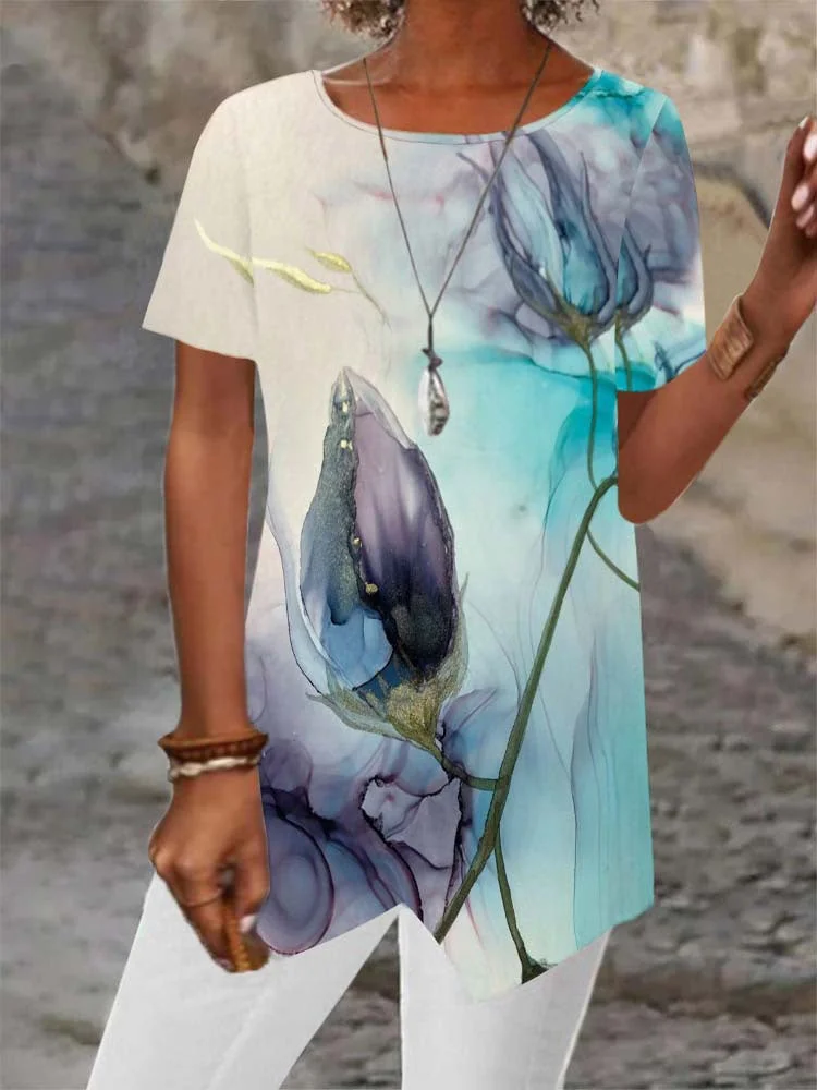 Women Asymmetrical Short Sleeve Scoop Neck Striped Printed Top