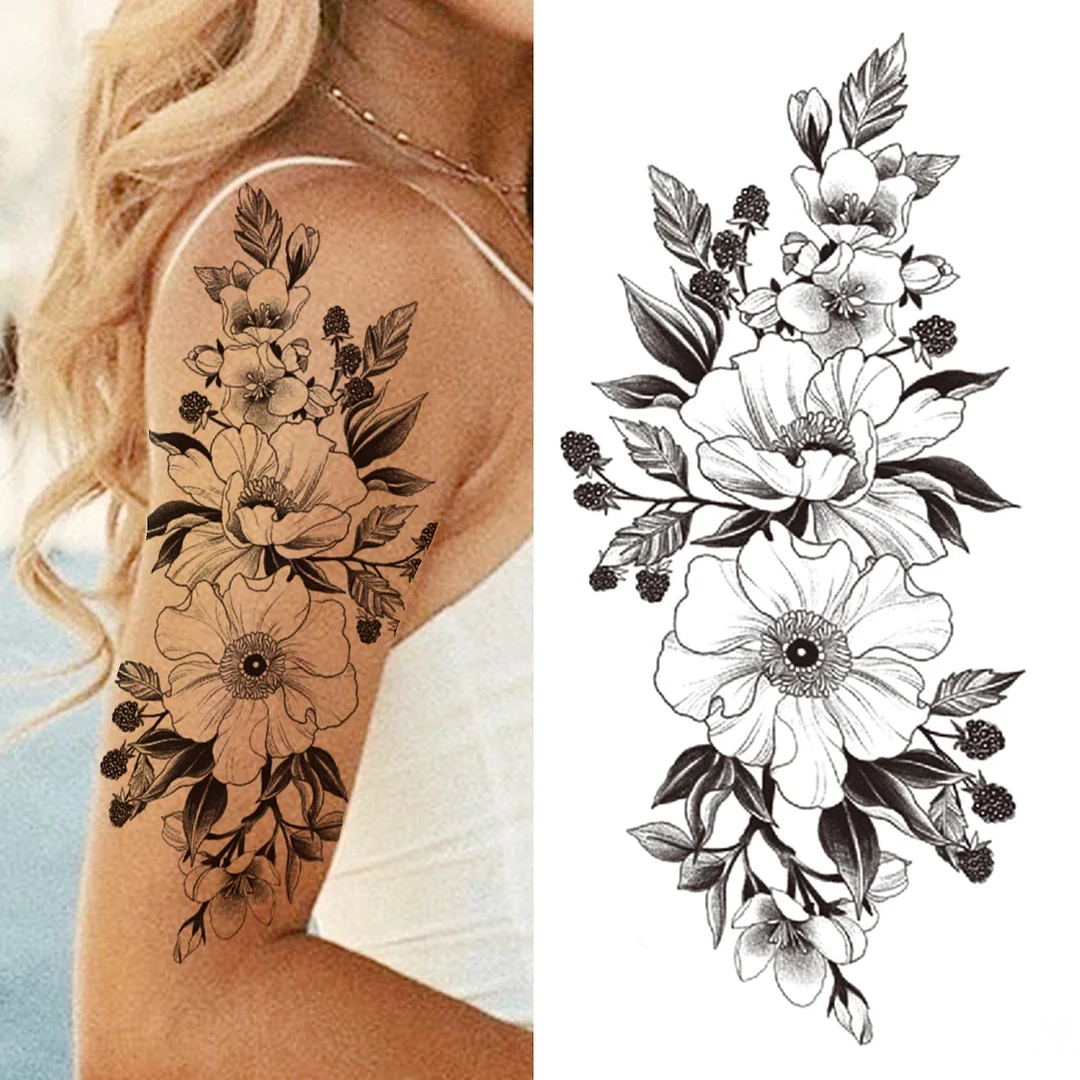 Death Skull Flower Temporary Tattoo For Women Girls Snake Bird Peony Tattoo Sticker Black Fake Blossom Sexy Tatoo Transfer Adult 530
