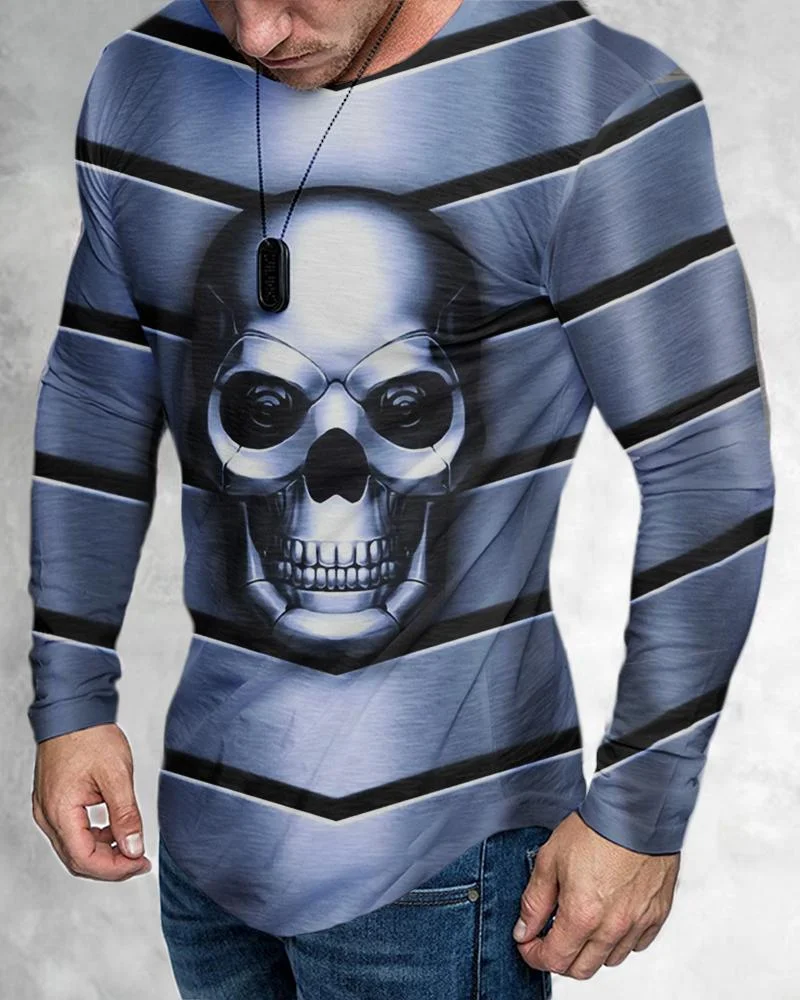 Men's Casual Long Sleeved Creative Sliver Skull Pattern T-shirt