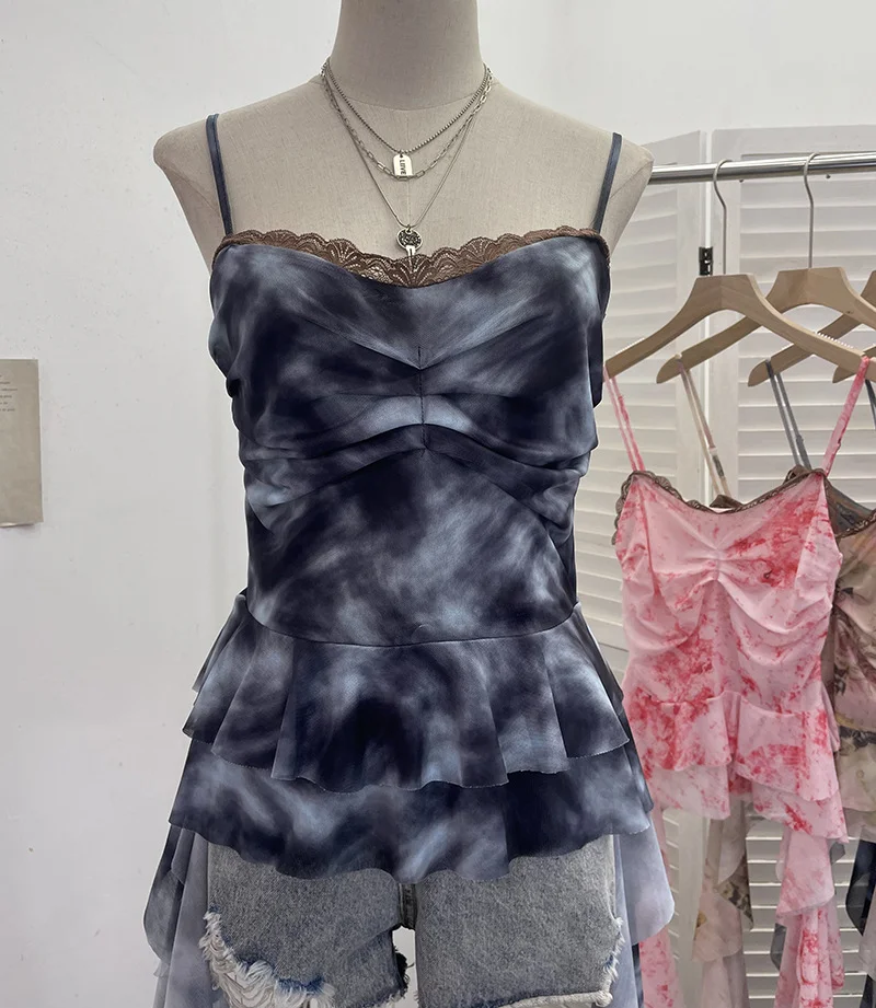 Uveng Real Shooting Atmosphere Feels A Mesh Yarn-Print Sling Vest Irregular Ribbon Splicing Lace Sleeveless Top 9968