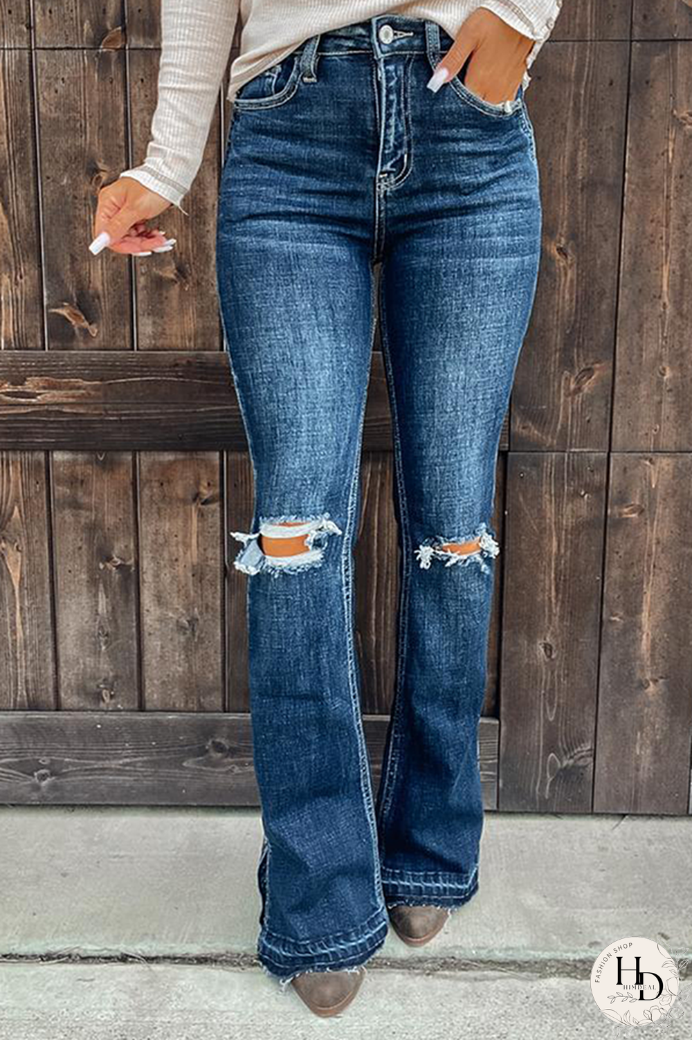 Casual Solid Tassel Ripped Boot Cut Bottoms
