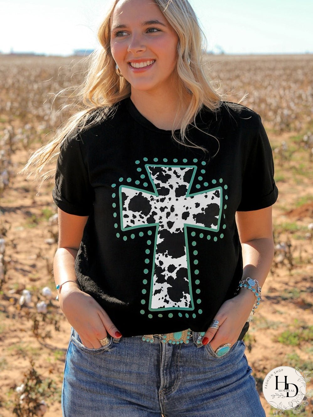 Cow Spots Cross Graphic Tee - Western Vibes