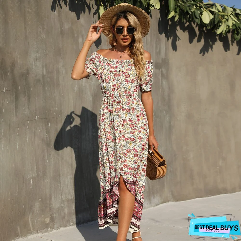 One-Collar Short-Sleeved Floral Dress