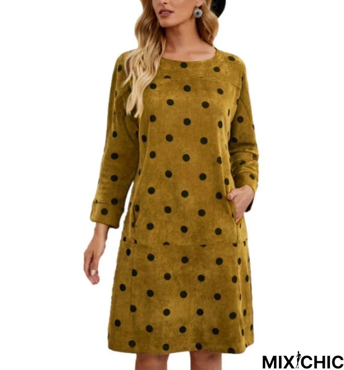 Corduroy Polka Dot Print Pocket Dress