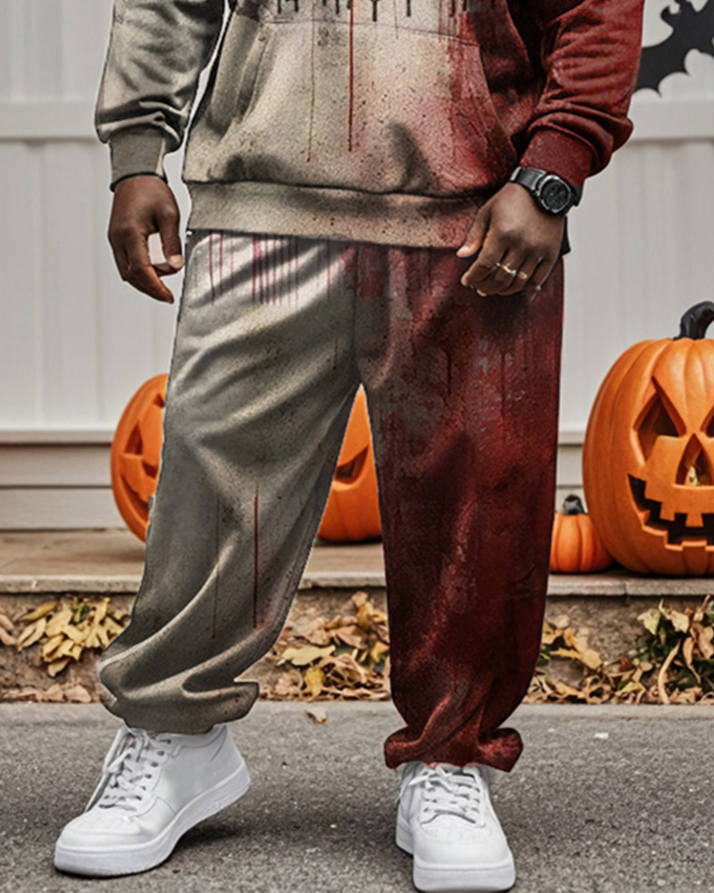 Halloween Blood Problem Monogram Print Hoodie Big Men's Two-piece Set