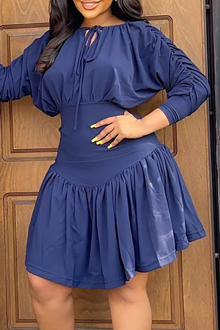 Plus Size Navy Blue Daily Front Tie Tapered Waist Midi Dresses
