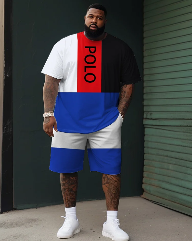 Men's Large Size Street Cartoon Color Block POLO Color Block Graffiti Short Sleeve Shorts Suit