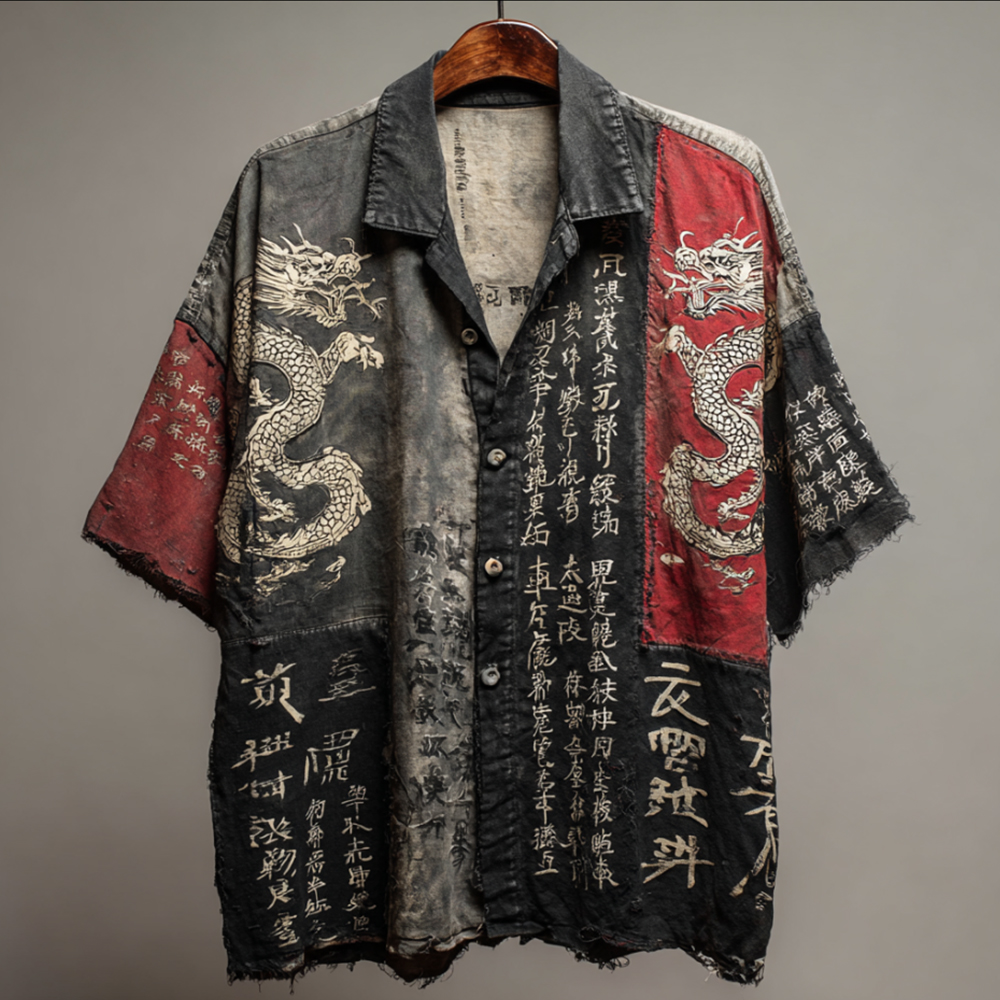 Vintage Japanese Style Dragon Art Pattern Patchwork Washed Short Sleeve Shirt elevenforest