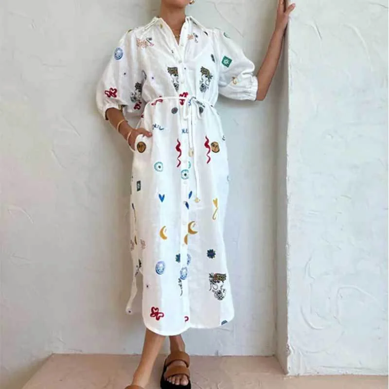 Uveng Uveng 2024 Women's New Printed Lapel Long Style Waist Lace Shirt Dress