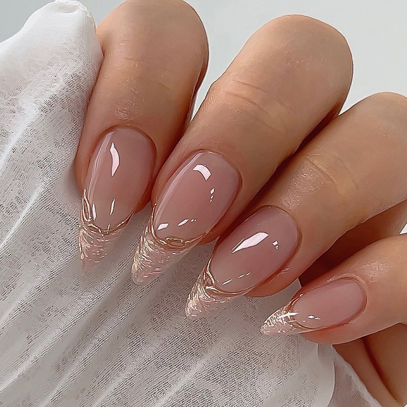 Damokan 24Pcs Simple French Nails Art Tips Fake Nails 3D Design Wearable Full Cover False Nail Mid-length Almond Reusable Press on Nails