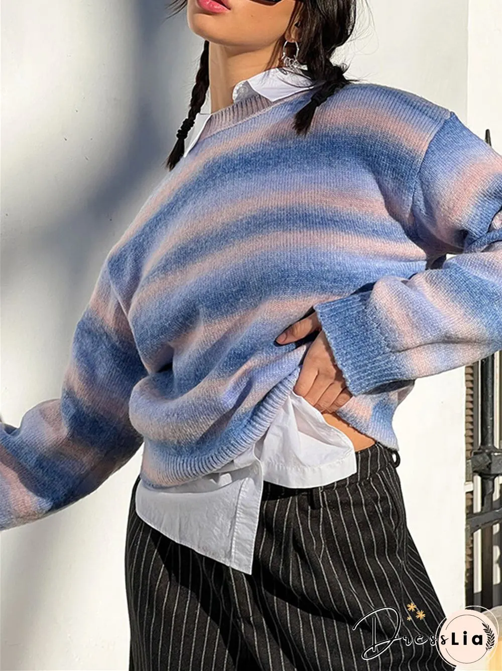 Rainbow Stripe Gradient Color Round Neck Long Sleeve Casual Jumper Sweater