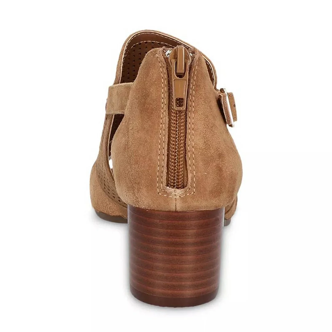 Women's Brown Perforated Cut-Out Low Heel Open Toe Booties for Summer