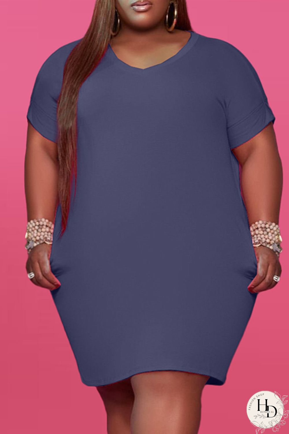 Red Fashion Casual Plus Size Solid Basic V Neck Short Sleeve Dress