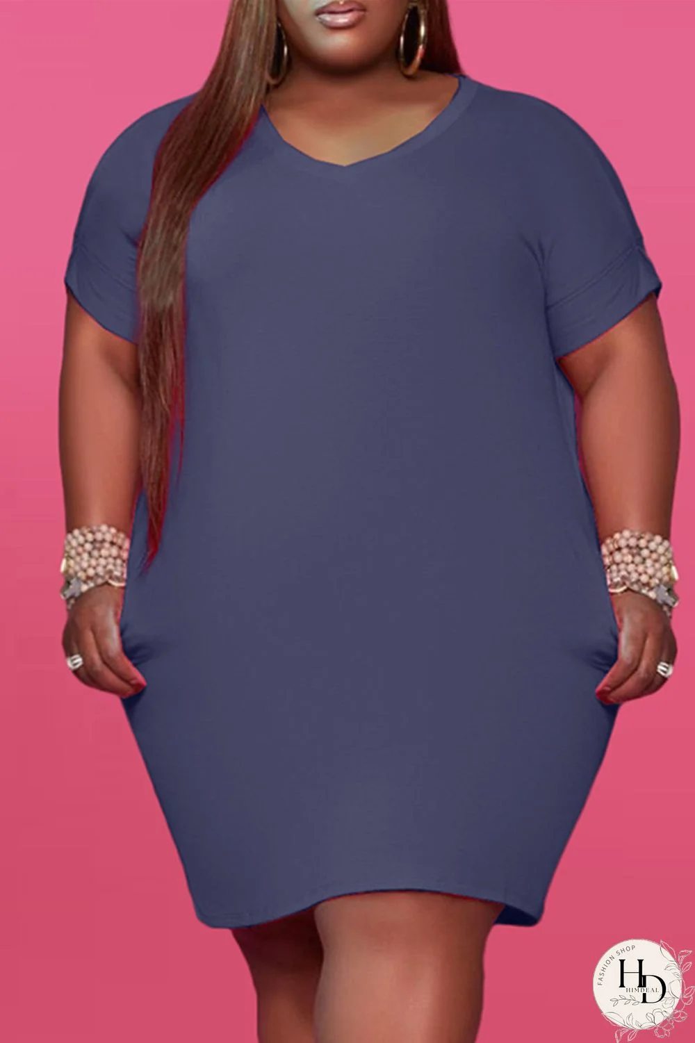 Red Fashion Casual Plus Size Solid Basic V Neck Short Sleeve Dress