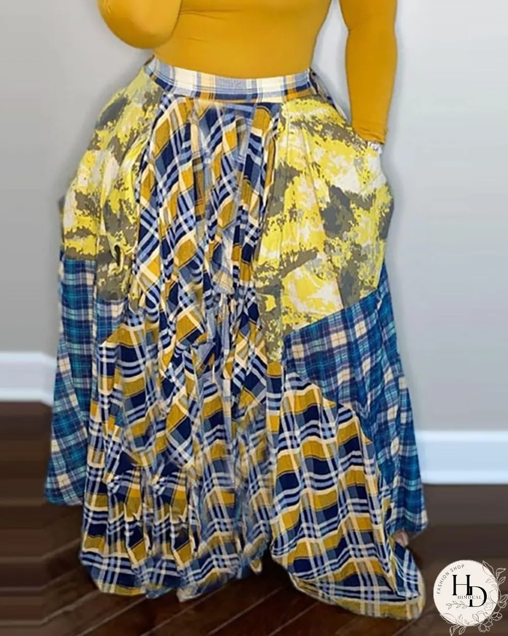 Plaid Colorblock Pleated Maxi Skirt