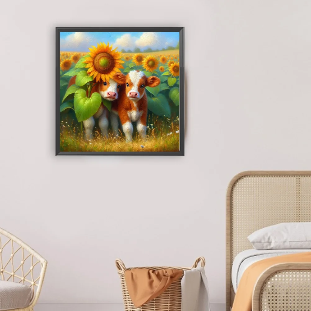 Diamond Painting - Full Round Drill - Sunflower Field Two Cows(Canvas|30*30cm)