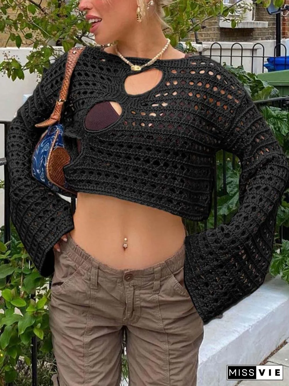 Y2K Hollow Out Cropped Knit Smock Top Vintage Loose Distressed Crochet Pullovers Casual Fairycore Chic Crop Cloth