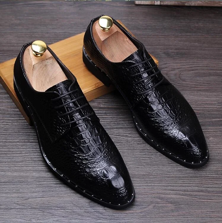 2019 Gunuine Leather Men's Crocodile Shoes Men Winklepicker Lace Up