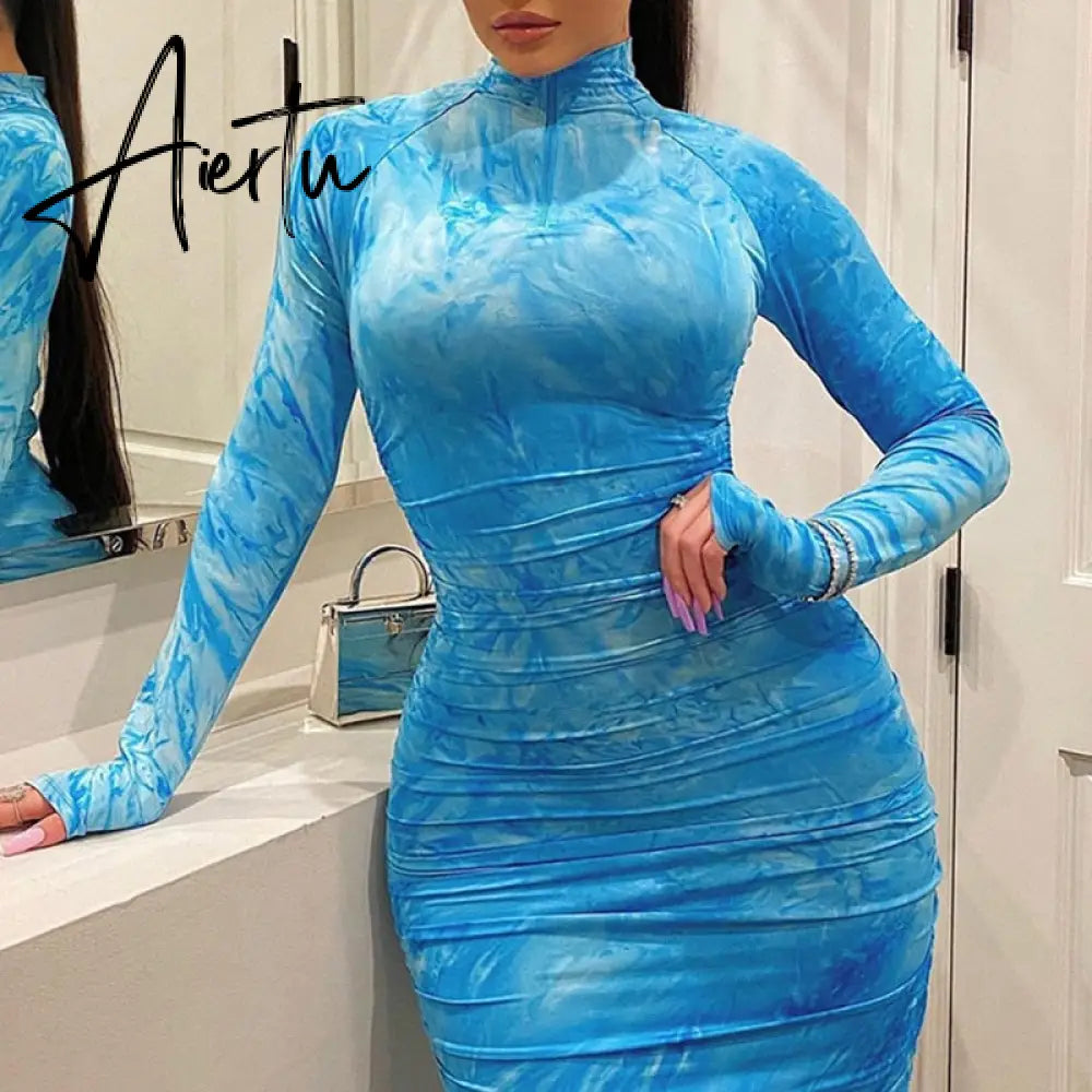 Women Bodycon Dresses Midi Elastic Summer Lady Long Sleeve Dress Pleated Printed Evening Sexy Party Female Clothing Aiertu