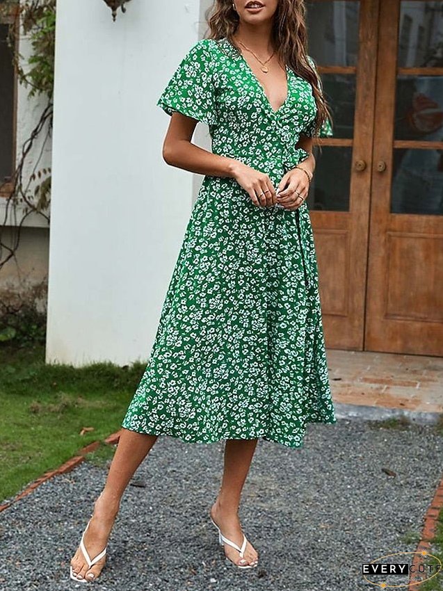 Casual Dress Wrap Line Floral Ditsy Lace Split Neck Midi Fashion Streetwear Outdoor Daily