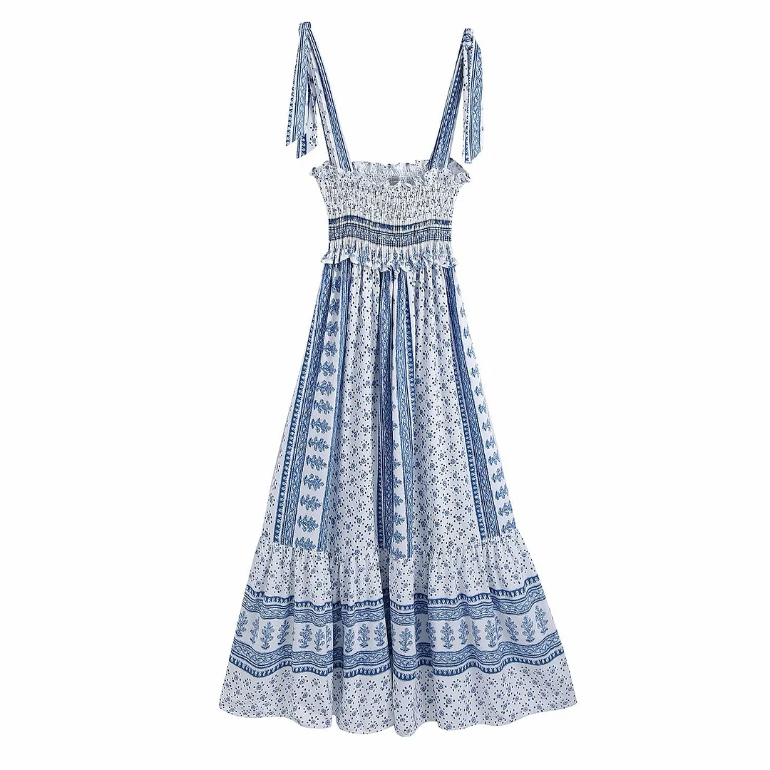 Zevity Women Fashion Blue And White Porcelain Print Sling Dress Female Casual Bow Tied Strap Vestido Chic Retro Dresses DS8348