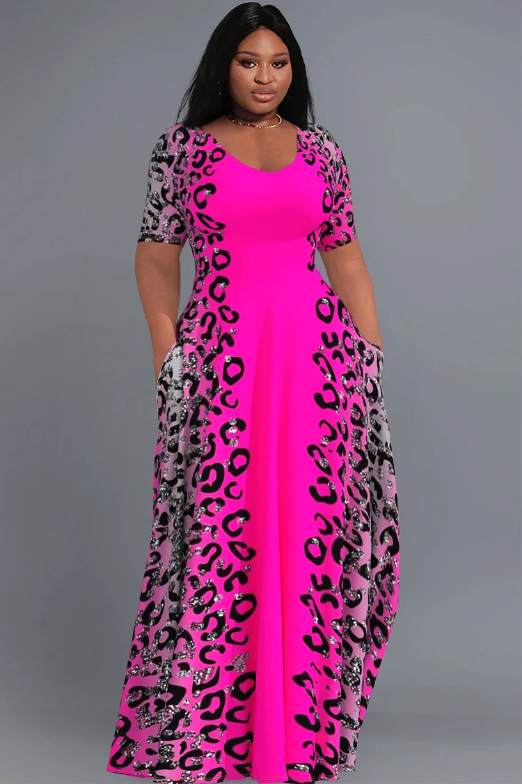 Xpluswear Design Plus Size Casual Hot Pink Leopard Short Sleeve With Pockets Maxi Dress