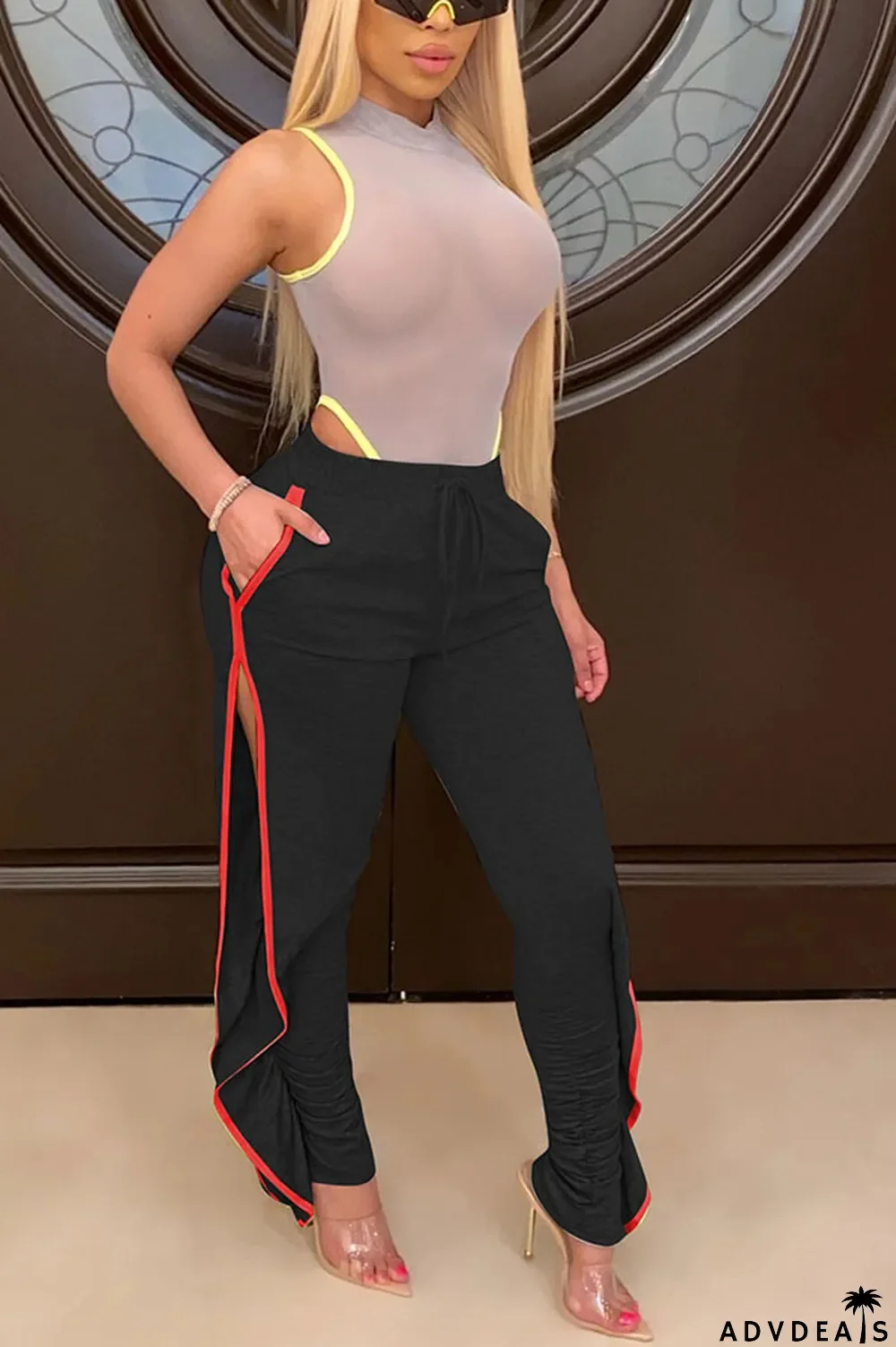 Grey Black Grey Blue Green Yellow Cotton Drawstring Sleeveless Mid Patchwork Solid Split Draped Straight Pants Bottoms