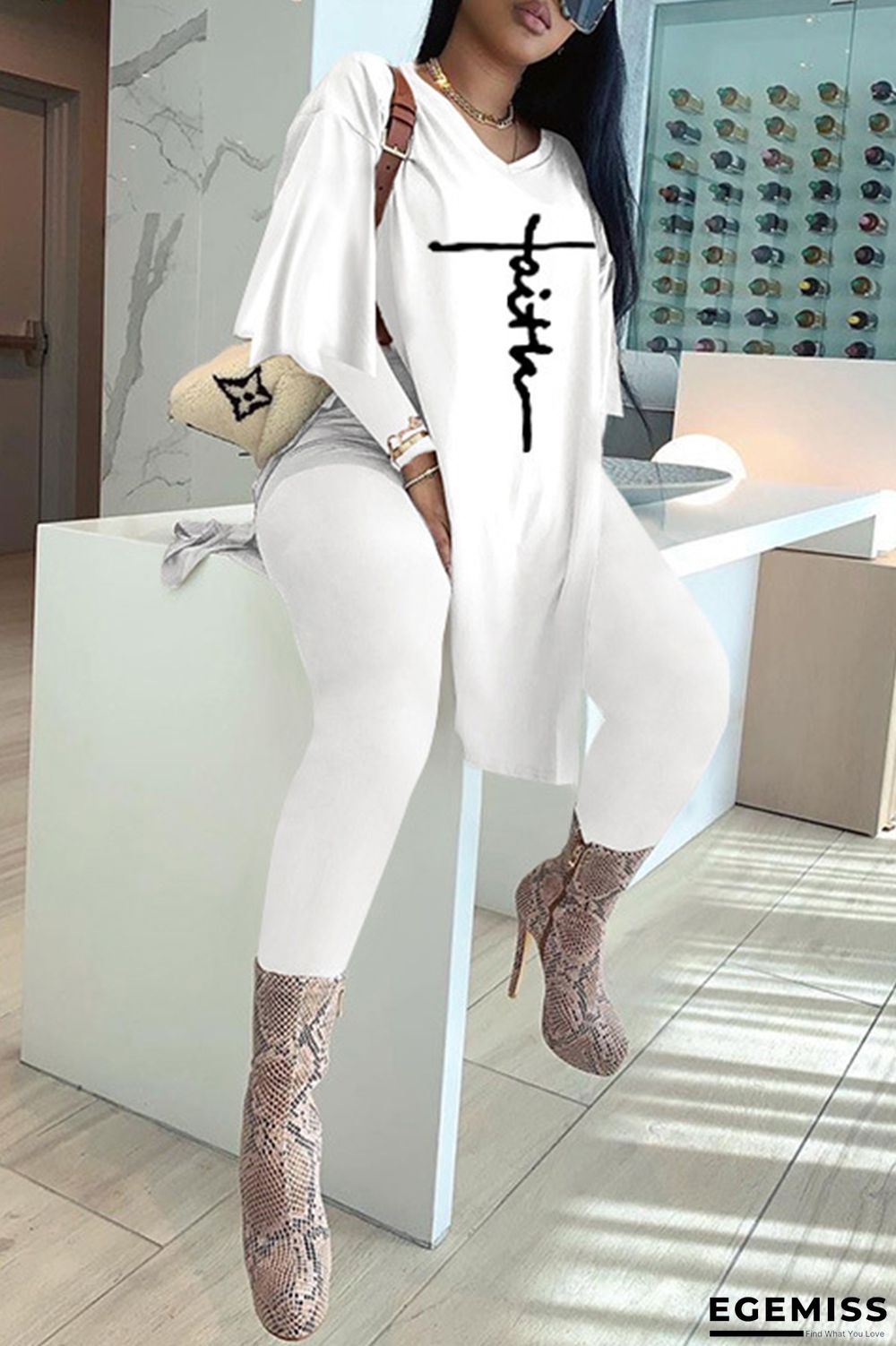 White Fashion Casual Embroidery Slit V Neck Long Sleeve Two Pieces | EGEMISS