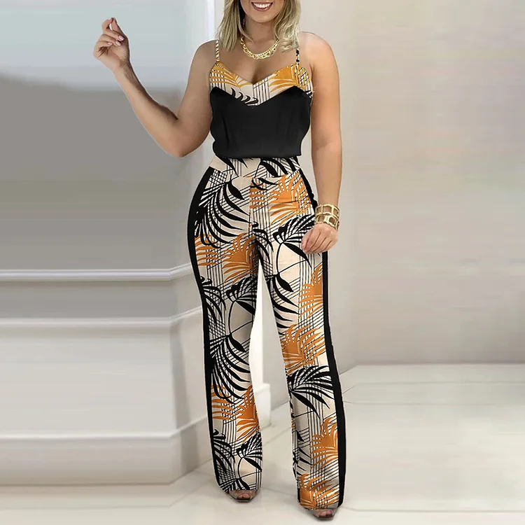 All Over Print Lace Up Plunge Jumpsuit P7956654955