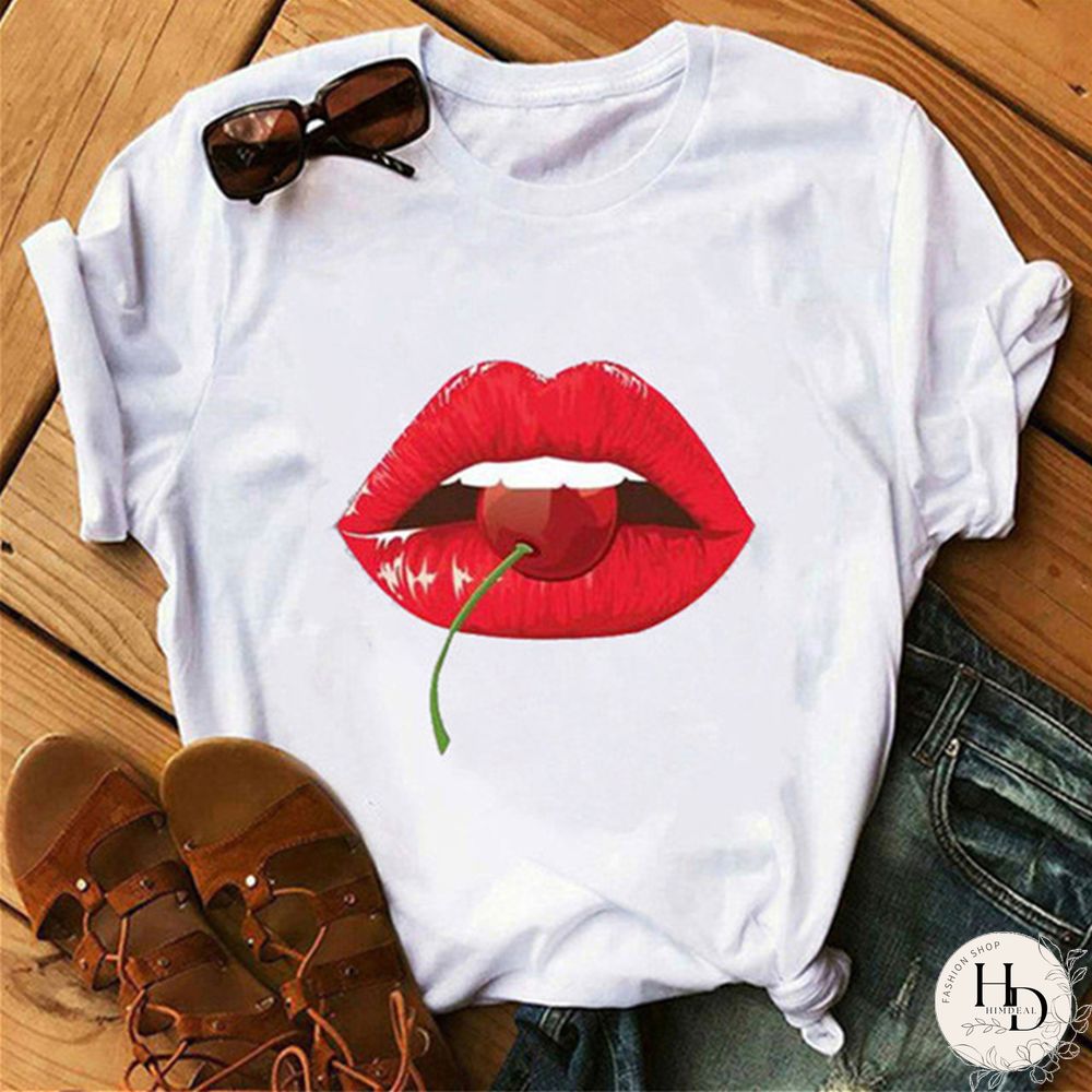 White Rose Red Fashion Casual Lips Printed Basic O Neck Tops