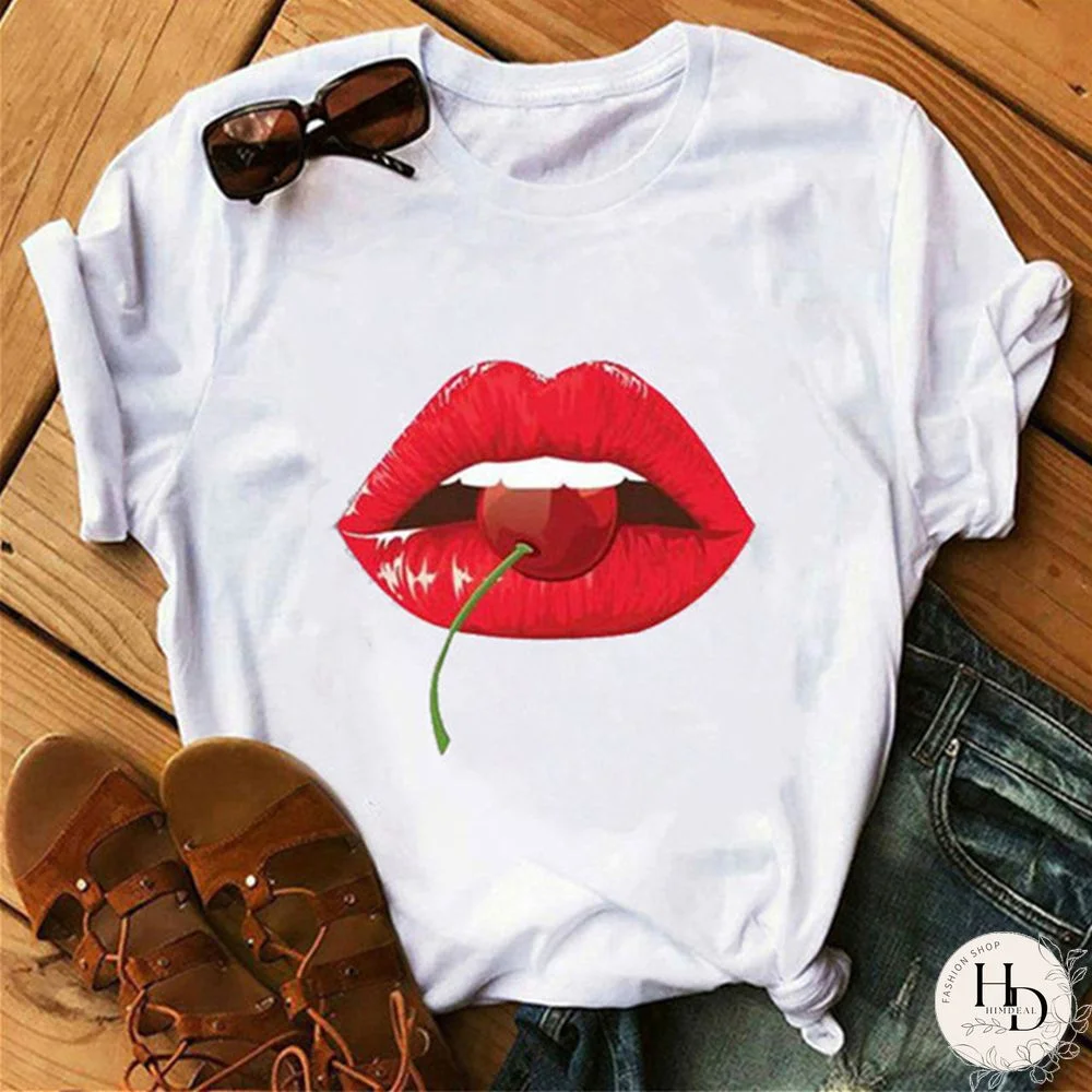 White Rose Red Fashion Casual Lips Printed Basic O Neck Tops