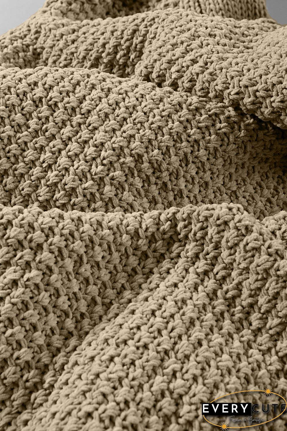 Khaki Solid Turtleneck Cable Knit Pullover Sweater